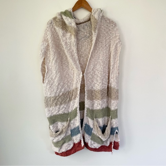 Free People Seaside Stripe Boucle Hooded Cardigan Sweater Open Knit L Large - Picture 3 of 11
